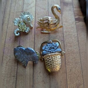 Vintage 4 Seahorse Swan Pomeranian Flower Basket Goldtone Silvertone Brooches